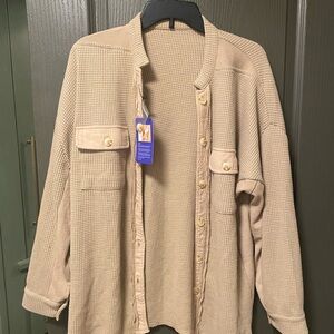 Beige Button-Up Waffle Knit Cardigan